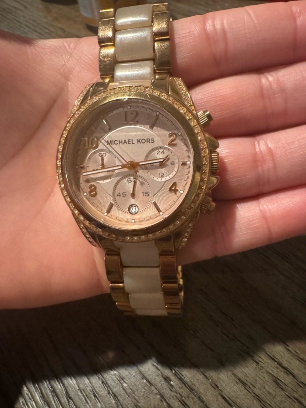 Michael Kors Gold and Cream Crystal-Accent Chronograph Watch - Picture 2 of 3